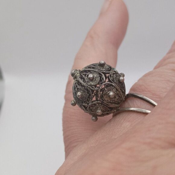 Vintage Antique Ornate Filigree Dome Ball Button Ring Adjustable Bypass Size 7 - Picture 3 of 8